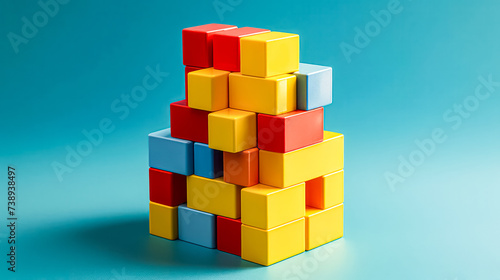 Colorful wooden building blocks arranged on a vibrant background  perfect for childrens games and educational activities.