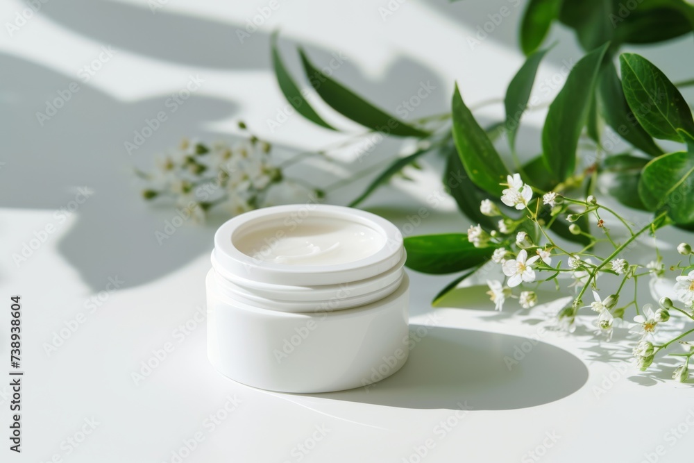 Cream jar among flowers with shadow. Cream jar among flowers with shadow.
