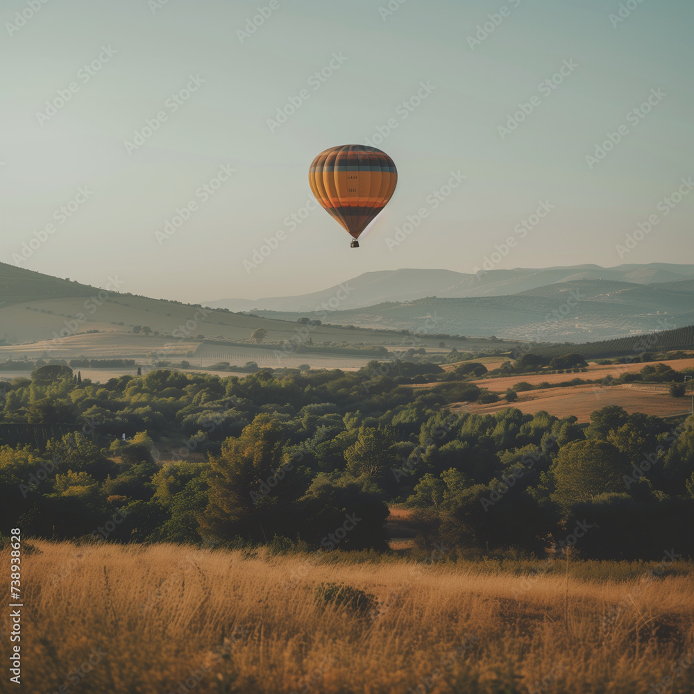 Obraz premium Serene Hot Air Balloon Flight Over Scenic Landscape