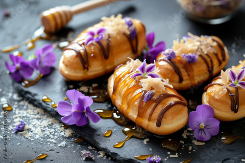 Eclairs drizzled with honey and garnished with candied violets. Generative AI