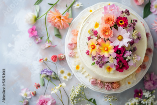 Beautiful cake decorated with flowers and green leaves. Generative AI