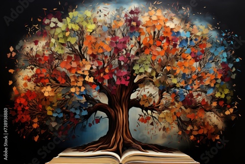 An open book displaying a realistic painting of a tree on its pages. The artwork is detailed and skillfully executed