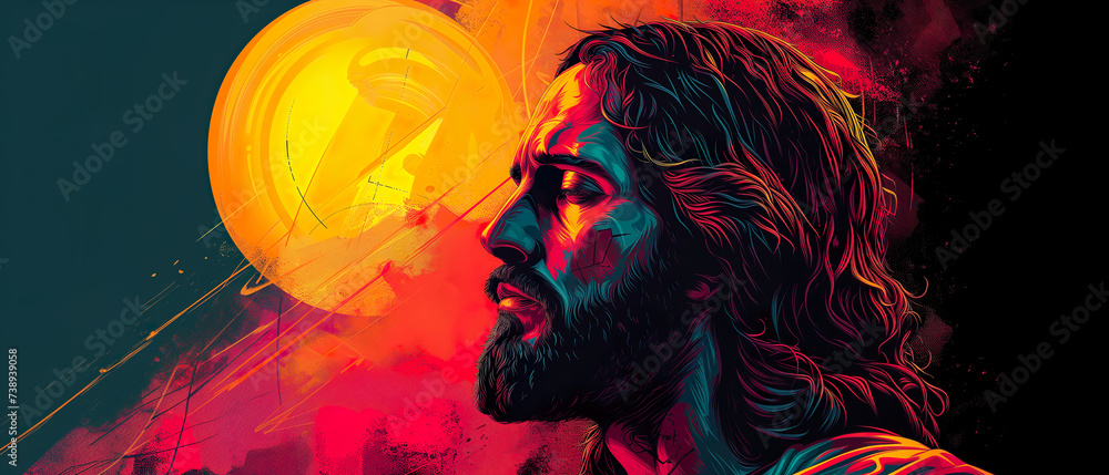 Illustration of Jesus Christ the Savior of God in a bright sunset, neon style - obrazy, fototapety, plakaty 