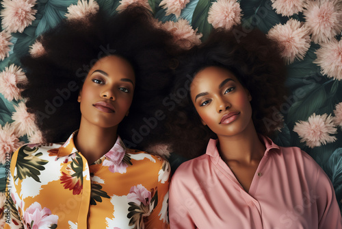 two african american women dressed in floral and yellow shirts, laying on flowers, detailed realistic portrait
