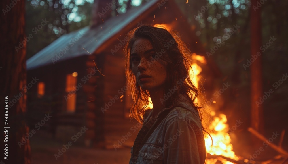 Fototapeta premium At night, a woman walked into the forest with a burning cabin behind her