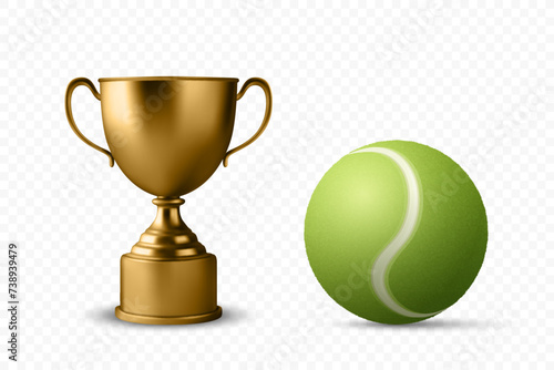 Vector 3d Realistic Blank Golden Champion Cup Icon with Tennis Ball Set Closeup Isolated. Design Template of Championship Trophy. Sports Awards, Victory Celebrations, Golf Championship Concept