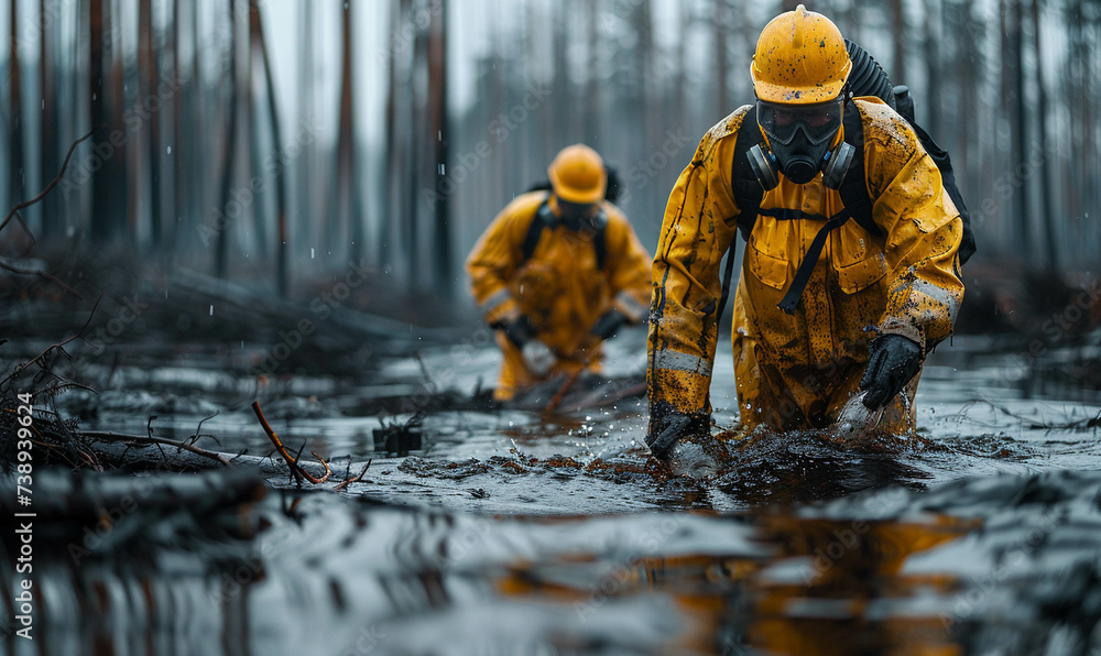 Environmental engineers wade through a flooded forest to clean up a spill