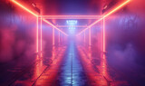 Neon lights line a corridor, casting a futuristic glow