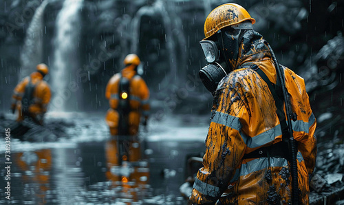 Engineers in hazmat suits address an environmental crisis in the rain