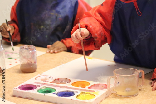 Children paint with paint. Children are painting. Image lesson for preschool children.
