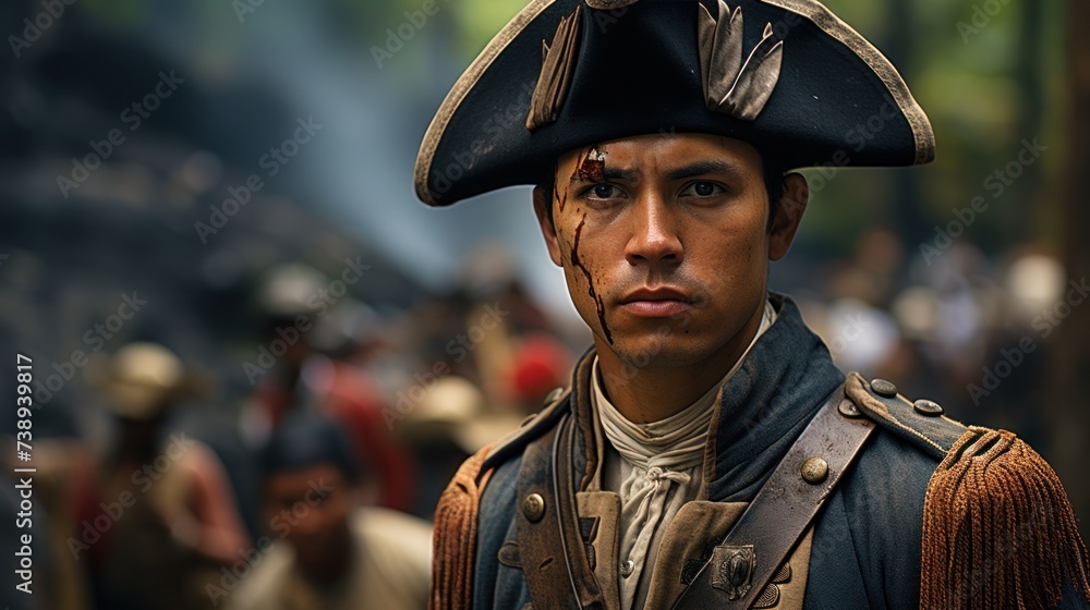 A man dressed in a pirate costume is making direct eye contact with the camera, showcasing his outfit and accessories A man dressed in a pirate costume is making direct eye contact with the camera, showcasing his outfit and accessories