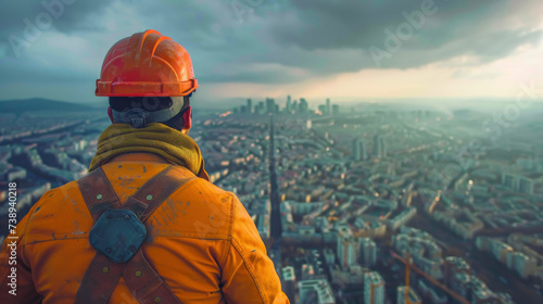 A construction worker stands on top of a skyscraper. He wears a safety harness, helmet, and reflective jacket while overseeing the city.