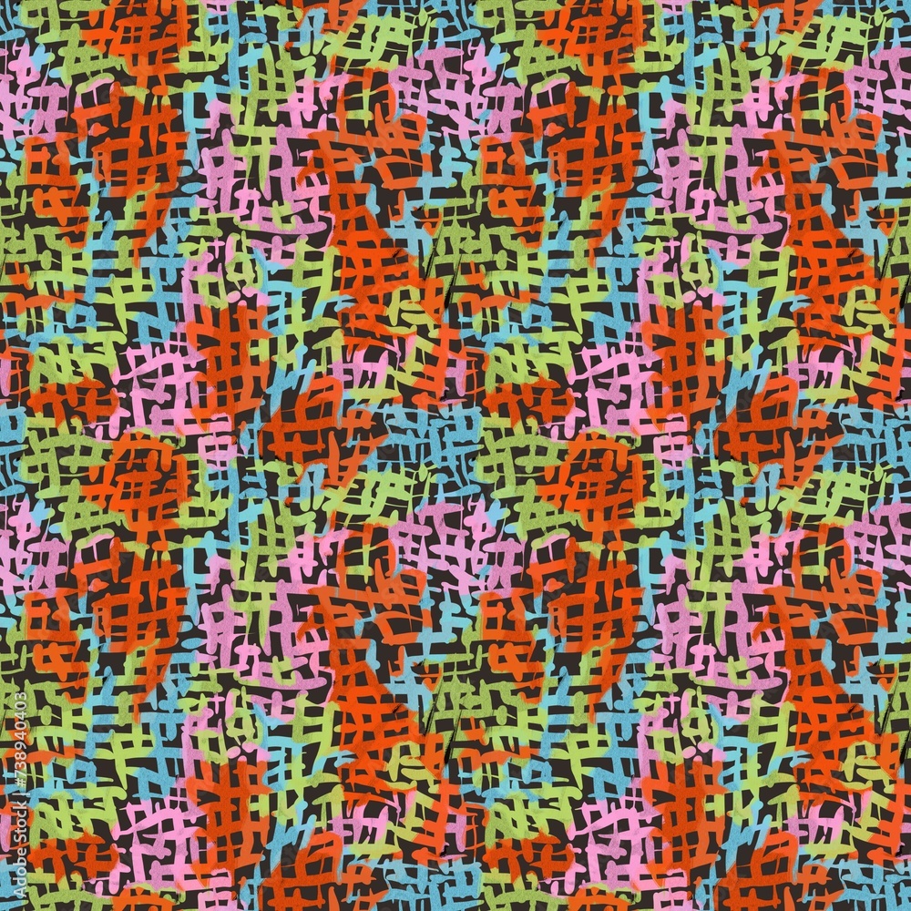 Seamless abstract geometric pattern. Orange, blue, black, green, pink. Digital brush strokes. Lines, grid. Design for textile fabrics, wrapping paper, background, wallpaper, cover.
