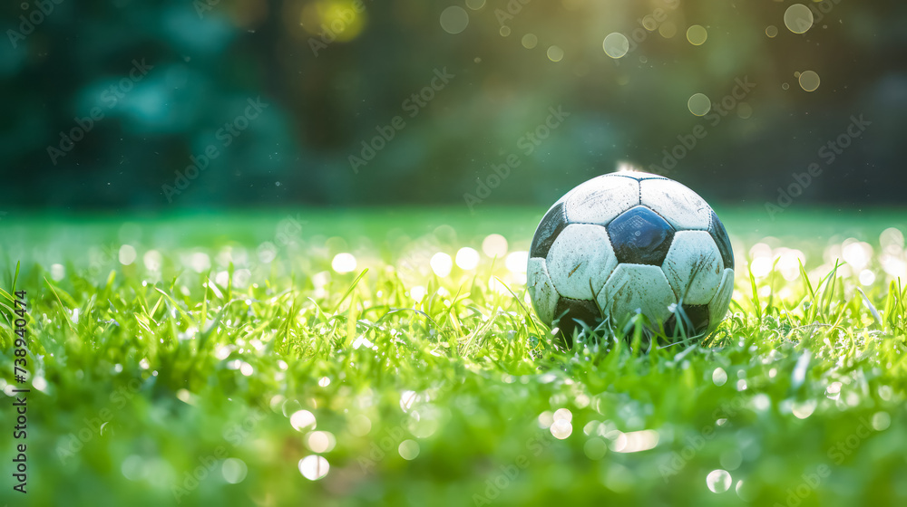 Close up of a soccer ball resting on vibrant green grass, ready for an intense match or a friendly game under the bright sunlight.