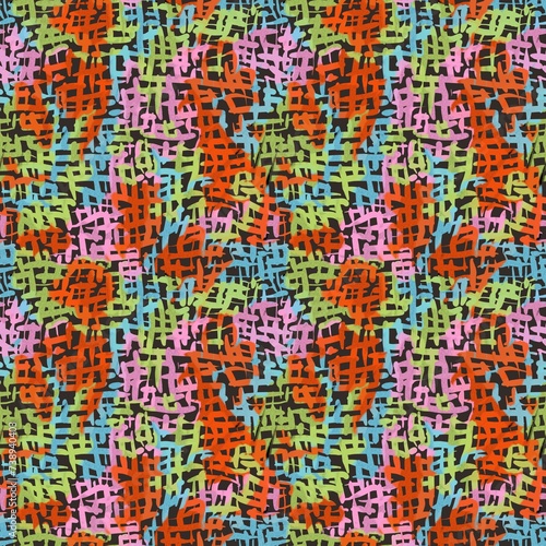 Seamless abstract geometric pattern. Orange, blue, black, green, pink. Digital brush strokes. Lines, grid. Design for textile fabrics, wrapping paper, background, wallpaper, cover.