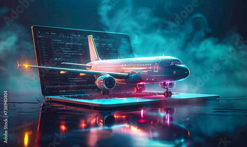 Futuristic concept of a commercial airliner jet emerging from a laptop screen, symbolizing online travel booking, virtual tourism, and digital flight services