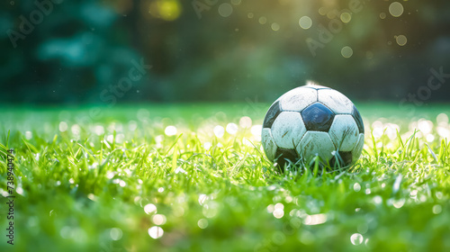 Close up of a soccer ball resting on vibrant green grass, ready for an intense match or a friendly game under the bright sunlight. © Людмила Мазур