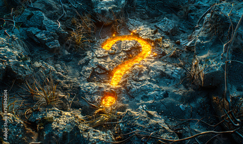 Mystical Glowing Question Mark Imprinted on Earthy Ground Signifying Curiosity, Mystery, and the Quest for Knowledge in a Natural Setting photo
