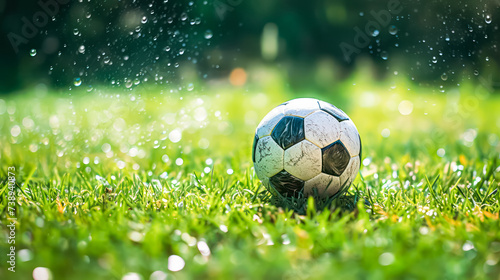 Close up of a soccer ball resting on vibrant green grass, ready for an intense match or a friendly game under the bright sunlight. © Людмила Мазур