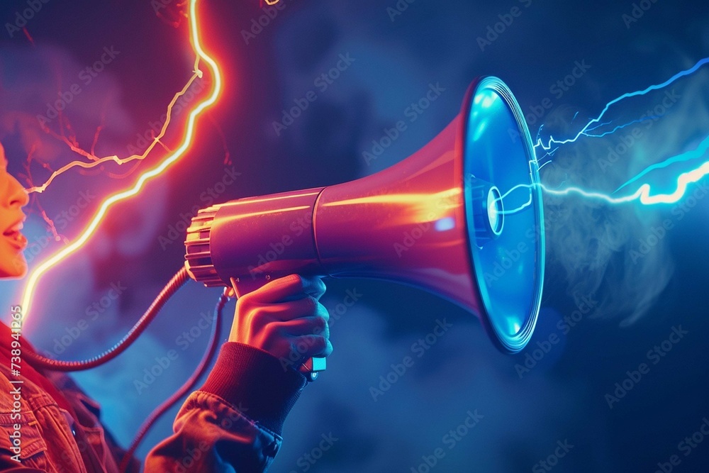 Megaphone Instrument Hand hold megaphone. Marketing time concept, realistic 3d megaphone ...