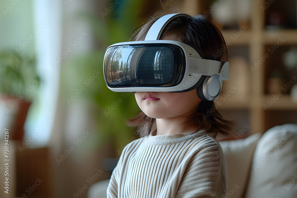 A kid wearing VR goggles at school. A kid wearing VR goggles at school.