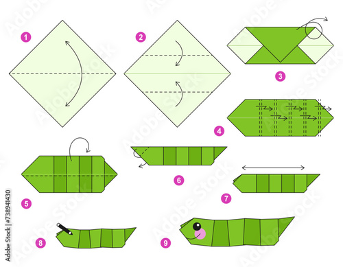 Caterpillar origami scheme tutorial moving model. Origami for kids. Step by step how to make cute paper insect. Vector illustration.