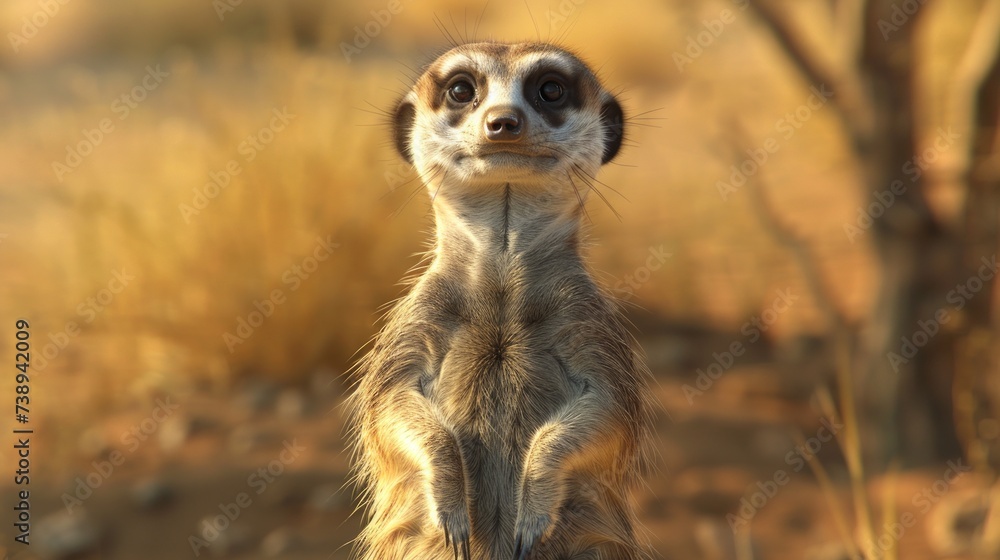 Fototapeta premium A meerkat stands guard in the arid African savannah, its vigilant eyes scanning the horizon for potential threats. 