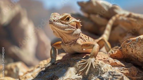 In the arid desert landscape, a lizard enjoys the sun's rays while perched on a rocky outcrop.
