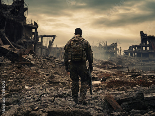 A somber soldier stands alone in the remnants of destruction, a witness to the ravages of war.