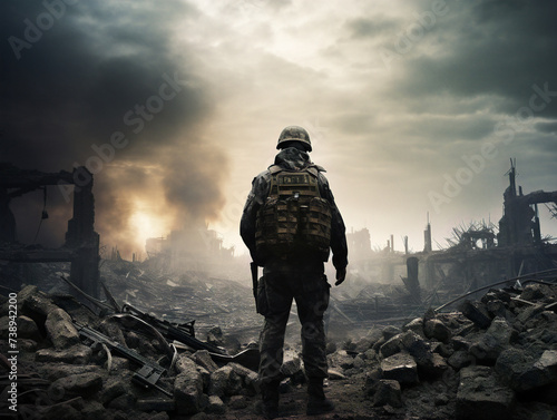 A stoic soldier stands resiliently amidst the desolation of war in a solemn posture.