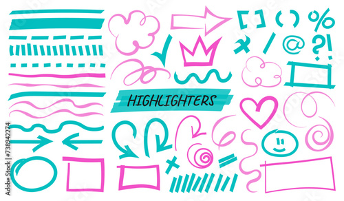 Highlight brush lines, shapes, elements. Big set of hand drawn isolated vector objects on white background. Multicolored doodle strokes. Acid highlighters marker stripes, underlines for any use.