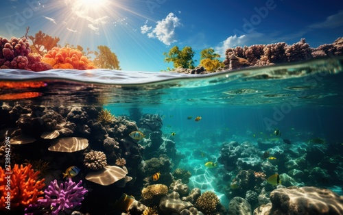 An underwater view of a vibrant coral reef teeming with marine life in the vast ocean
