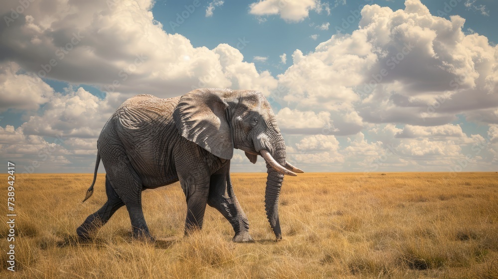 Fototapeta premium Majestic and serene, an elephant strolls gracefully through the vast African savannah, embodying the spirit of the wild. 