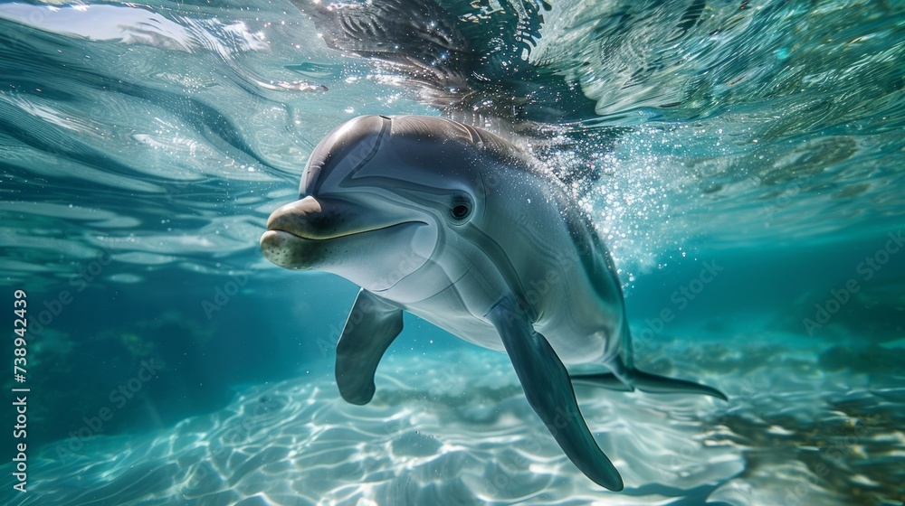Obraz premium A dolphin gracefully swims through crystal-clear ocean waters, its sleek body gliding effortlessly. 