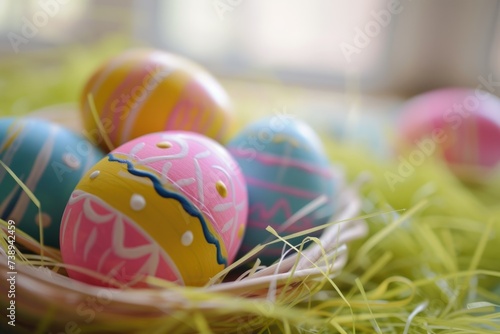 Easter holiday. Easter eggs on spring grass photo