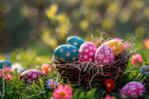 Easter holiday. Easter eggs on spring grass