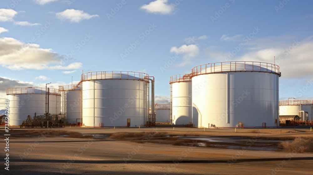 Row of Large Storage Tanks. Silos for Fuel, Crude Oil, and Petroleum Refinery in an Industrial Row of Large Storage Tanks. Silos for Fuel, Crude Oil, and Petroleum Refinery in an Industrial