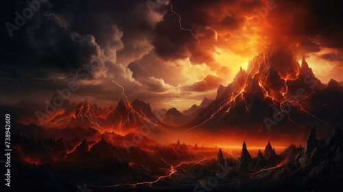 Volcanic Eruption. Black Dramatic Background of a Burning Volcanic Landscape at the End