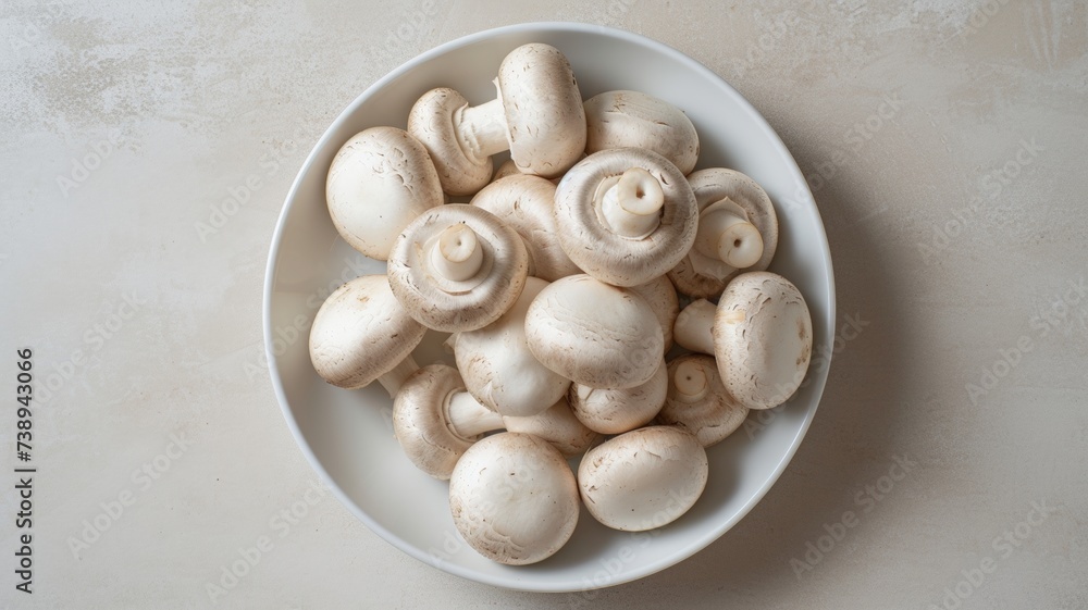 Circular Arrangement of Button Mushroom Delicacy on White Plate Circular Arrangement of Button Mushroom Delicacy on White Plate