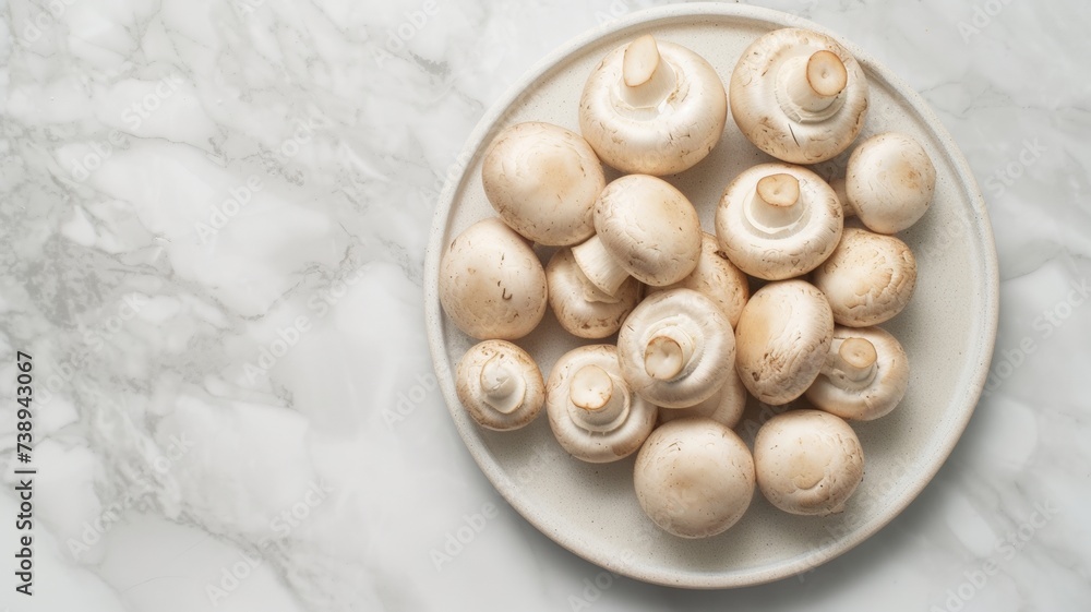 Circular Arrangement of Button Mushroom Delicacy on White Plate