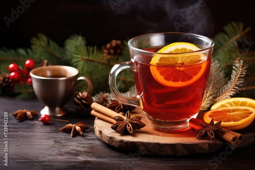 Mulled Wine, Red Winter Drink with Spices, Christmas Tea with Cinnamon, Red Pepper, Anise and Lemon