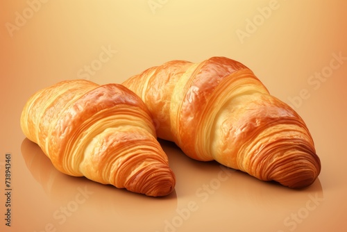 Delicious freshly baked crispy croissants on vibrant yellow-orange minimalistic background