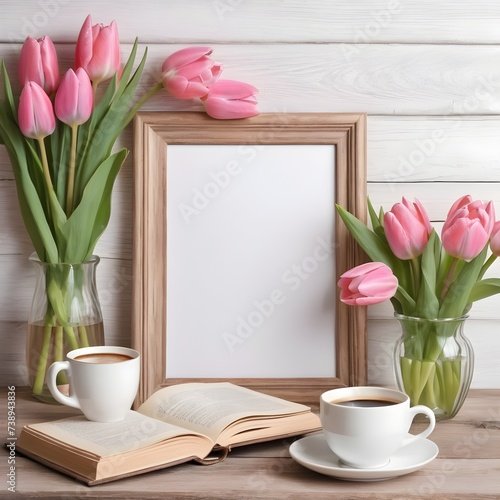 Blank picture frame mockup. Wooden bench, table composition with cup of coffee, old books. Spring bouquet of pink tulips, white daffodils. Hawthorn, guelder rose flowers. 