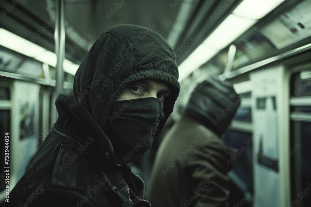 A person bundled up in a winter jacket and hood, with a black face mask, gazes into the camera on a subway car, evoking a sense of urban anonymity A person bundled up in a winter jacket and hood, with a black face mask, gazes into the camera on a subway car, evoking a sense of urban anonymity
