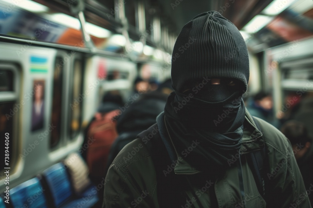 Cloaked in anonymity, a person sports a beanie and scarf, eyes barely visible, amid the blur of a busy subway journey Cloaked in anonymity, a person sports a beanie and scarf, eyes barely visible, amid the blur of a busy subway journey