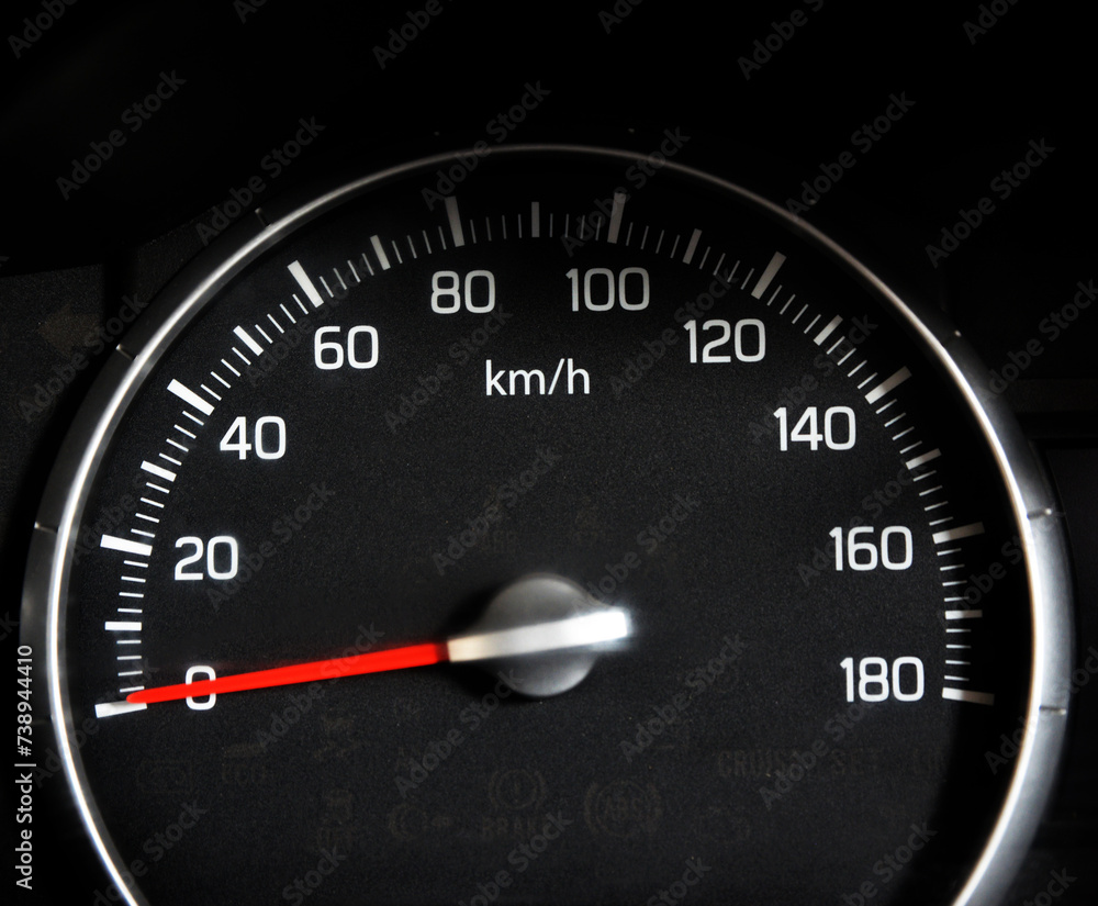 Speedometer closeup background with engine off and needle on zero. Car speedometer in black color Speedometer closeup background with engine off and needle on zero. Car speedometer in black color