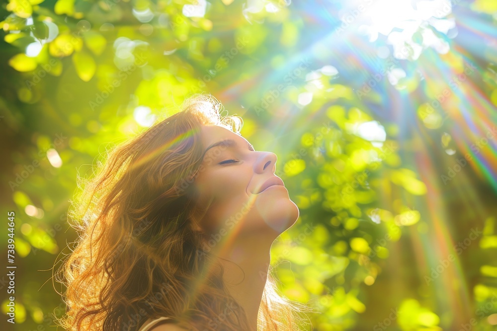A person with a blurred face, standing outdoors surrounded by greenery with sunlight filtering through the leaves. A person with a blurred face, standing outdoors surrounded by greenery with sunlight filtering through the leaves.