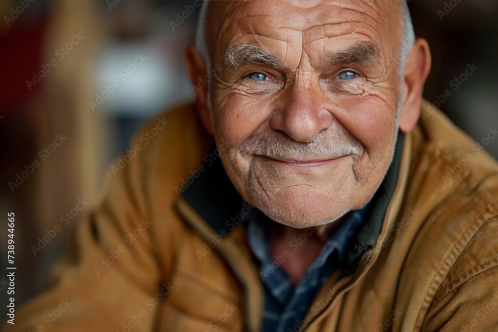 An elderly person wearing a jacket in a warmly lit indoor setting. An elderly person wearing a jacket in a warmly lit indoor setting.