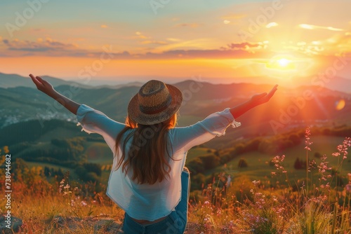 A woman with arms outstretched  enjoying a beautiful sunset in the mountains.