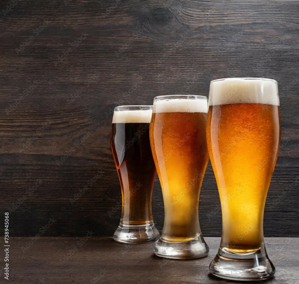 Glasses of fresh and cold beer on dark background